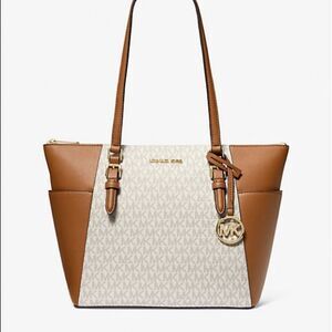 MICHAEL KORS Maddie large signature top zip tote handbag vanilla/brown NWT pkg‎